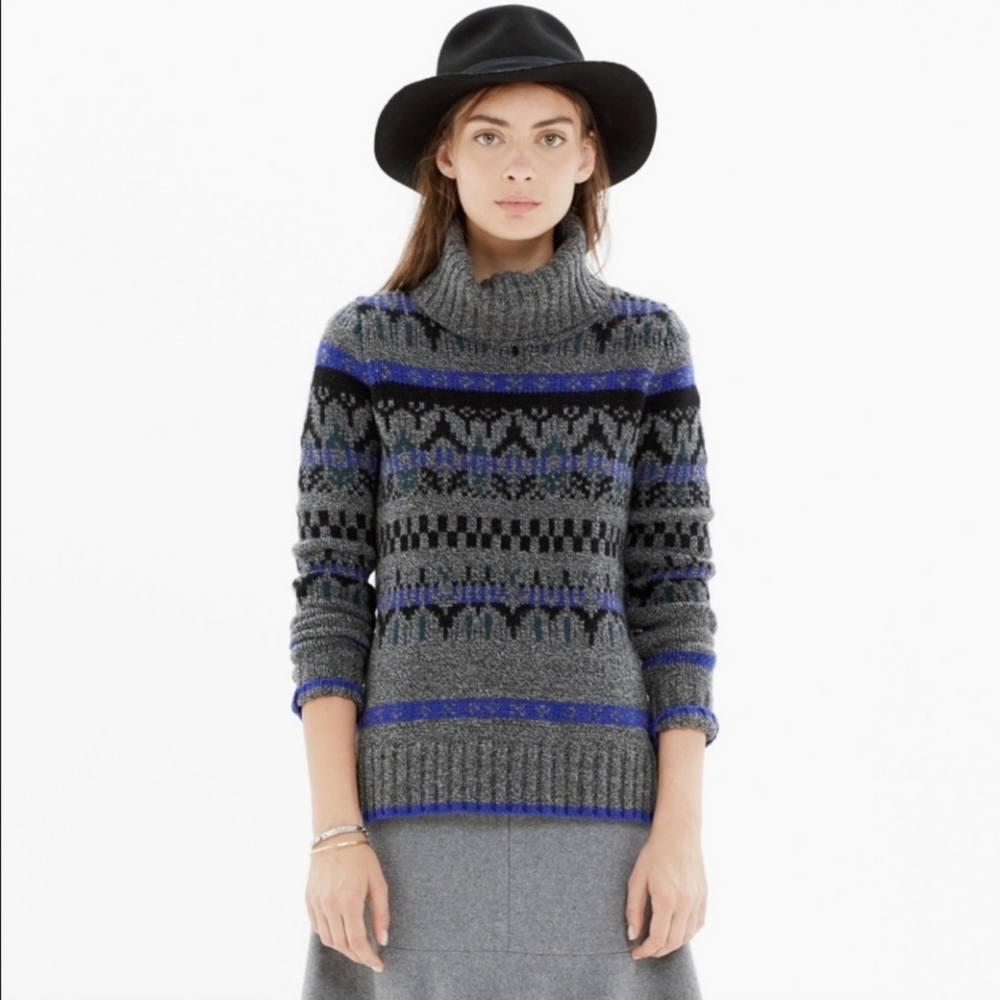 MADEWELL Geometric Gray/Blue Turtleneck 100% Merino-Wool Sweater Women'sโฆโ